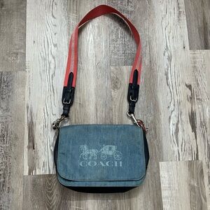 Coach JES Messenger Crossbody Bag Denim Leather Blue Black Pink